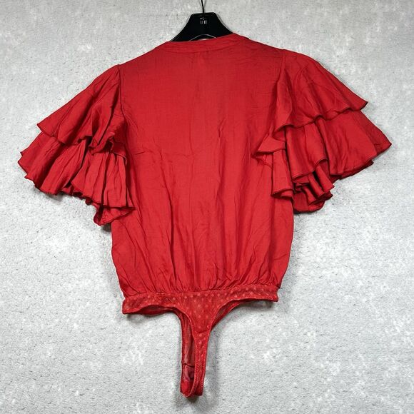 Intimately Free People Body Suit XS Red Dramatic Ruffle Thong V Neck Boho Top - Picture 7 of 10